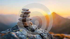 A stack of rocks on top of a mountain with the sun setting in the background, AI
