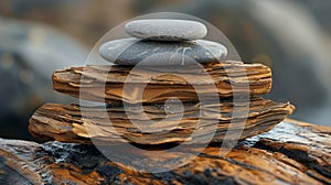 Stack of Rocks on Wooden Log