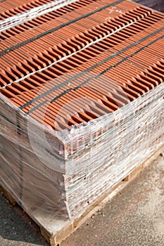 Stack of roofing tiles packaged