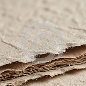A stack of rough textured beige paper sheets is in close up view