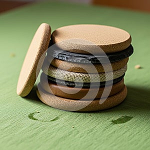 A stack of round coasters is arranged on a green fabric surface. The coasters are