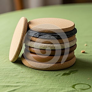 A stack of round coasters is arranged on a green fabric surface. The coasters are