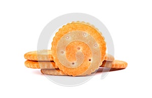 Stack round cracker isolated on white background. Dry cracker cookies isolated. Saltines isolated