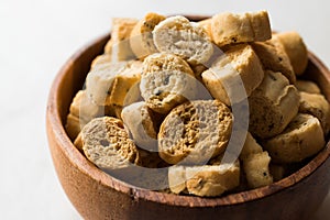 Stack of Round Shaped Crispy Rye Crouton Bread Biscuits / Crostini.