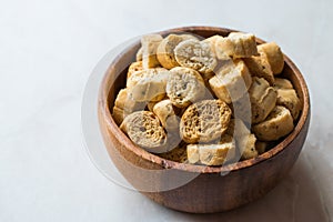 Stack of Round Shaped Crispy Rye Crouton Bread Biscuits / Crostini.
