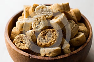 Stack of Round Shaped Crispy Rye Crouton Bread Biscuits / Crostini.