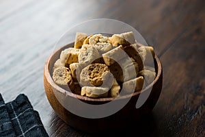 Stack of Round Shaped Crispy Rye Crouton Bread Biscuits / Crostini.