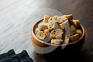Stack of Round Shaped Crispy Rye Crouton Bread Biscuits / Crostini.