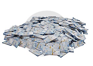 Stack Russian cash or banknotes of Rusia rubles scattered on a white background isolated The concept of Economic, Finance, Backgro