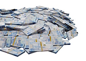 Stack Russian cash or banknotes of Rusia rubles scattered on a white background isolated The concept of Economic, Finance, Backgro