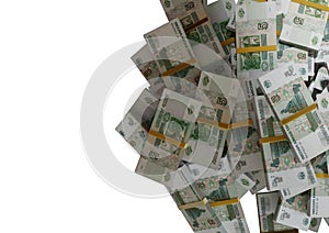 Stack Russian cash or banknotes of Rusia rubles scattered on a white background isolated The concept of Economic, Finance, Backgro