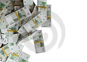 Stack Russian cash or banknotes of Rusia rubles scattered on a white background isolated The concept of Economic, Finance, Backgro