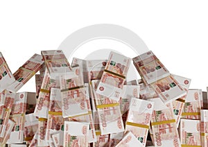 Stack Russian cash or banknotes of Rusia rubles scattered on a white background isolated The concept of Economic, Finance, Backgro