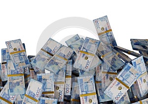 Stack Russian cash or banknotes of Rusia rubles scattered on a white background isolated The concept of Economic, Finance, Backgro photo