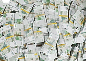 Stack Russian cash or banknotes of Rusia rubles scattered on a white background isolated The concept of Economic, Finance, Backgro photo