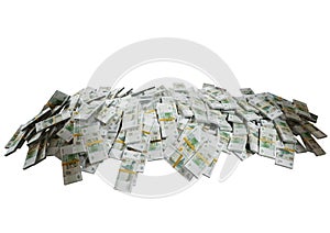 Stack Russian cash or banknotes of Rusia rubles scattered on a white background isolated The concept of Economic, Finance, Backgro photo