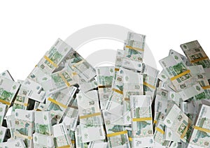 Stack Russian cash or banknotes of Rusia rubles scattered on a white background isolated The concept of Economic, Finance, Backgro photo