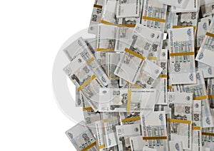 Stack Russian cash or banknotes of Rusia rubles scattered on a white background isolated The concept of Economic, Finance, Backgro photo