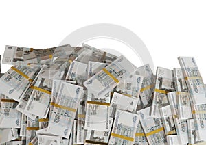 Stack Russian cash or banknotes of Rusia rubles scattered on a white background isolated The concept of Economic, Finance, Backgro photo