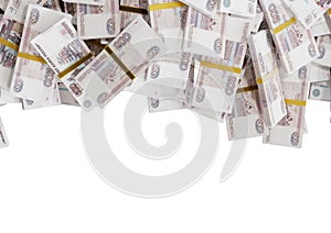 Stack Russian cash or banknotes of Rusia rubles scattered on a white background isolated The concept of Economic, Finance, Backgro photo