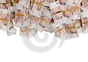 Stack Russian cash or banknotes of Rusia rubles scattered on a white background isolated The concept of Economic, Finance, Backgro photo