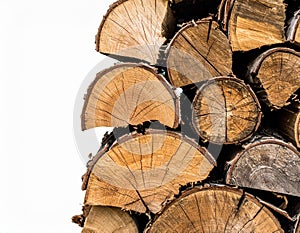 Stack of Rustic Brown Firewood Logs Isolated on White Background Ready for Winter