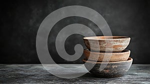 Stacked rustic terracotta bowls dark background