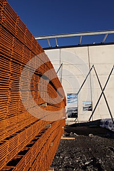 Stack of rusty reinforcing mesh.