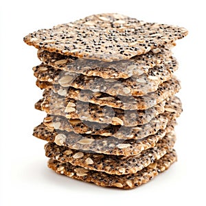 A stack of rye crackers, isolated on a white background, highlighting a healthy snack or bread