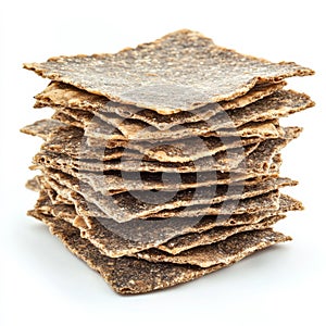 A stack of rye crackers, isolated on a white background, highlighting a healthy snack or bread