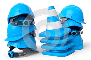 Stack of safety helmets or hard hats and traffic cones on white background