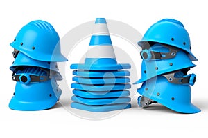 Stack of safety helmets or hard hats and traffic cones on white background