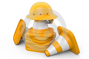 Stack of safety helmets or hard hats and traffic cones on white background