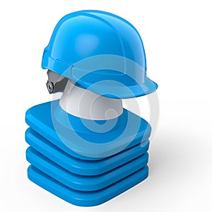 Stack of safety helmets or hard hats and traffic cones on white background