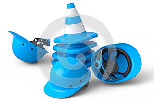 Stack of safety helmets or hard hats and traffic cones on white background