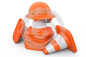 Stack of safety helmets or hard hats and traffic cones on white background