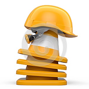 Stack of safety helmets or hard hats and traffic cones on white background