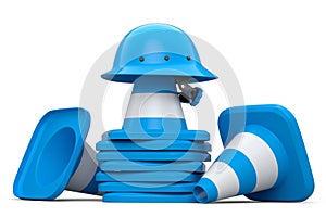 Stack of safety helmets or hard hats and traffic cones on white background