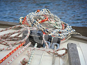 Stack of sail trimming ropes on a sailboat