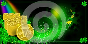 St. PatrickÃ¢â¬â¢s Day Gold Coins with Irish Celtic Harp and March 17th Design. At the End of the Rainbow, Shamrocks and Butterflies.
