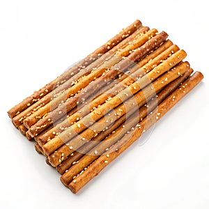 Stack of salted pretzel sticks isolated on white background