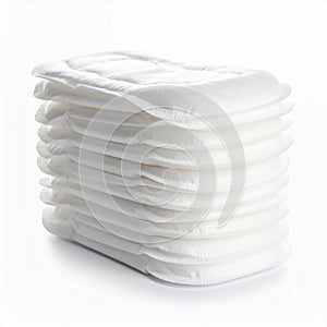 Stack of sanitary pads, personal hygiene essential for menstruation cycle on white background
