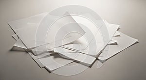 Stack of scattered white papers with soft lighting and shadows sheets