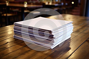 stack of seminar booklets on a wooden table