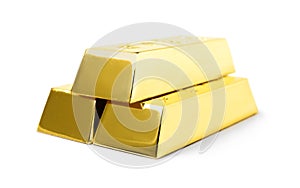 Stack of shining gold bars isolated on white