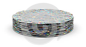 Stack of shiny CDs on white background