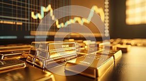 A stack of shiny gold bars In the background a large digital screen displaying a graph with a gold price trend. Created with