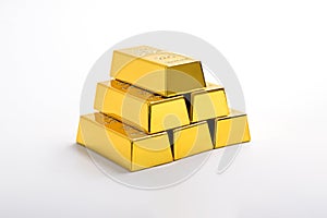 Stack of shiny gold bars on white background
