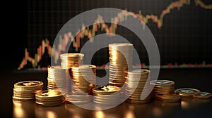 A stack of shiny gold coins on a wooden table. Generative ai