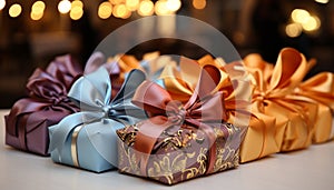 Stack of shiny gold gift boxes on table generated by AI